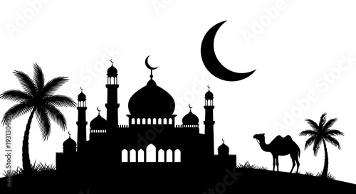 Black silhouette of an Islamic mosque, crescent moon, palm trees, and camel, representing spiritual journeys and Arabian desert nights