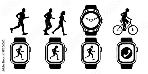 Illustration of various fitness activities displayed on a smartwatch screen