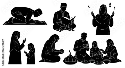 Silhouettes of Muslim families and individuals engaged in prayer and religious activities, showcasing Islamic culture and devotion