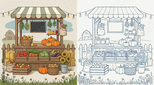 A vibrant farmers market stall overflowing with fresh produce, including pumpkins, corn, tomatoes, and sunflowers, set against a rustic farm background.