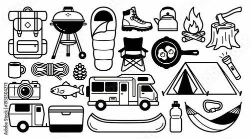 Camping Gear Vector Collection | Outdoor Adventure Essentials Including Backpack, Tent, Campfire, Canoe, Hammock, Flashlight, Cooking Tools, Hiking Equipment, Travel Icons, Nature Survival Illustrat