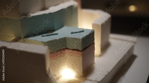 Illuminated Architectural Model with Blue and Red Accents Under Warm Lighting
