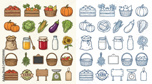 Collection of colorful and monochrome illustrations of farm produce, baskets, jars, and farm-related items.