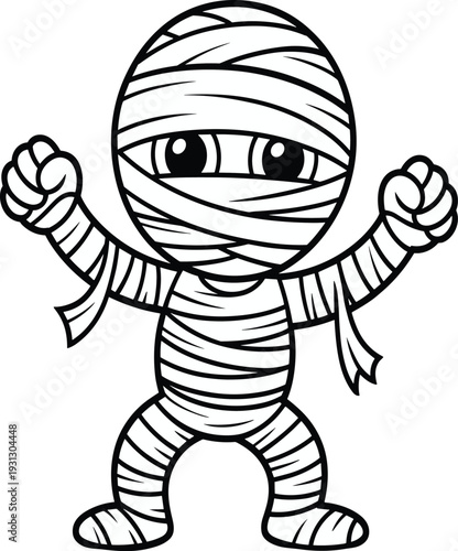 Cartoon mummy character illustration, Halloween coloring page, ancient Egypt mythology drawing, spooky bandaged figure, kids activity art design