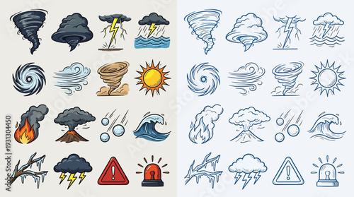 Collection of weather and natural disaster icons, presented in both color and outline styles.