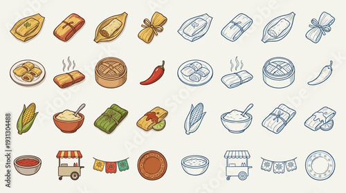 A collection of colorful cartoon-style illustrations of various Mexican food items and related elements, including tamales, corn, chili peppers, and food carts.