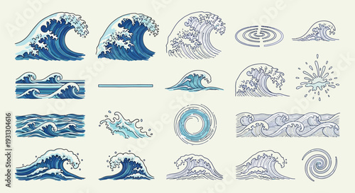 A collection of various stylized illustrations of ocean waves in different forms and artistic styles.