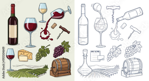 Collection of wine-related elements including bottles, glasses, grapes, cheese, barrel, and vineyards, presented in both color and line art.