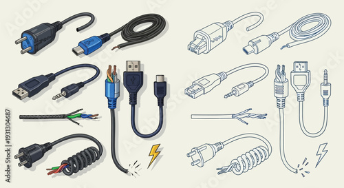 A detailed illustration showcasing a variety of electrical cables and connectors, including USB, audio, and power types.