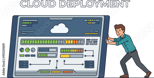 Tech Startup Corporate Teamwork in Software Development and Coding with Man Pushing Large Computer Screen for Cloud Deployment