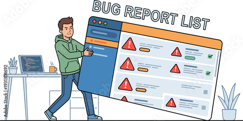 Tech startup developer corporate teamwork in software development coding programming with man holding large bug report screen.eps