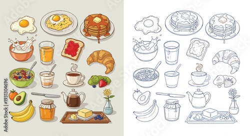 A collection of colorful and detailed illustrations of various breakfast food items and drinks, presented side-by-side with their line art counterparts.