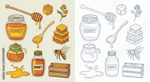 A collection of hand-drawn illustrations depicting various honey-related items, including jars, spoons, honeycombs, and bees.