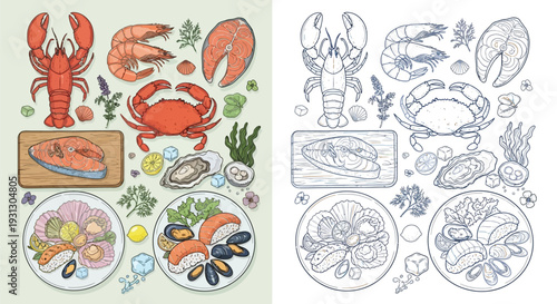 A vibrant collection of fresh seafood dishes and ingredients, including lobster, crab, salmon, shrimp, oysters, mussels, and scallops, artfully arranged.