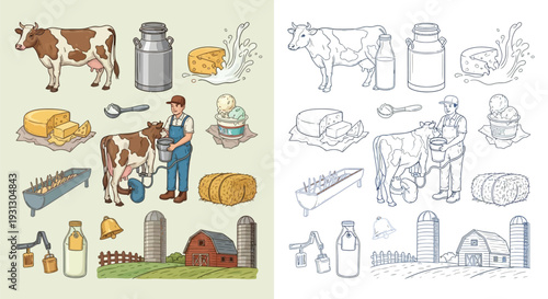 Collection of illustrations depicting dairy farming, including cows, milk, cheese, butter, ice cream, farm equipment, and a barn.