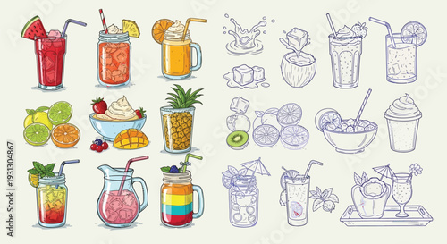 A vibrant collection of colorful and refreshing summer drinks, including fruit juices, smoothies, and cocktails, presented in various glasses and garnished with fruits and ice.