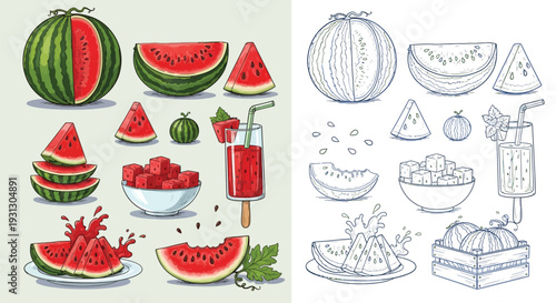Collection of colorful and black and white illustrations of watermelons, including whole fruits, slices, cubes, and juice.
