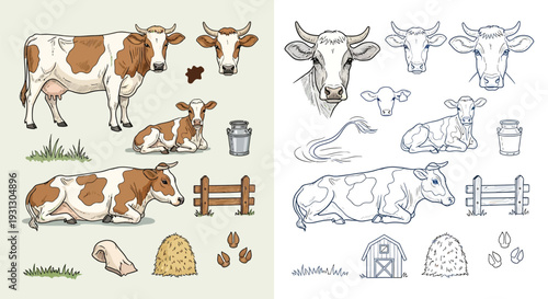 Collection of illustrations depicting cows, calves, farm elements, and dairy products in both color and line art styles.