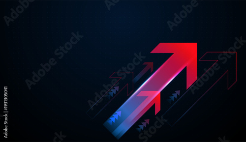 Multiple red arrows point upward, illustrating Business expansion powered by digital innovation and modern technology in Finance. Powerful of Digital Glowing arrows