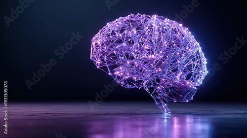 Abstract Pink Network Brain Structure on Dark Blue Surface with Purple Reflection Artificial Intelligence Concept Innovation Technology and Future Ideas
