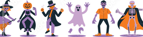 Halloween flat character set featuring spooky witch pumpkin head magician ghost zombie and skeleton in orange purple and black color palette