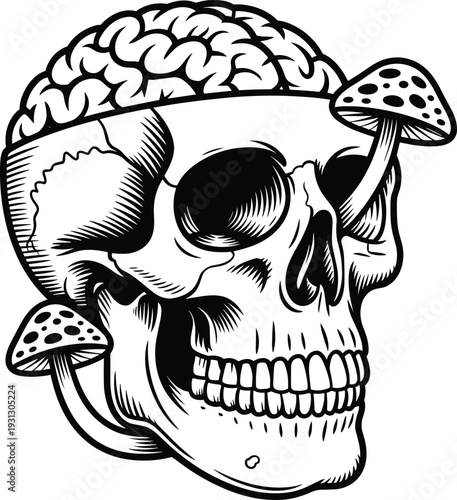 Skull with exposed brain and mushrooms illustration, black and white gothic horror tattoo style vector isolated on white background artwork