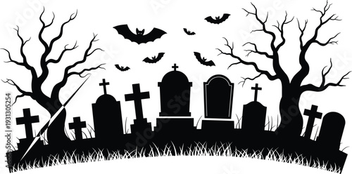 Halloween Cemetery Silhouette Border, Spooky Graveyard with Tombstones, Dead Trees and Flying Bats, Horror Night Scene for Banner and Party Invitation