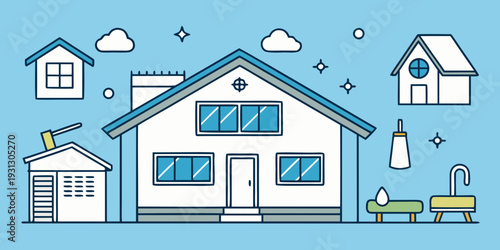 Home Upgrade Icons. Outline icon set of exterior home upgrades: new siding, roof shingles, porch, deck, window
