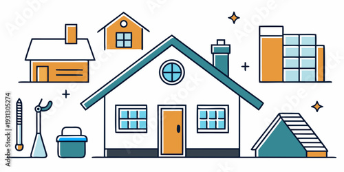 Home Upgrade Icons. Outline icon set of exterior home upgrades: new siding, roof shingles, porch, deck, window
