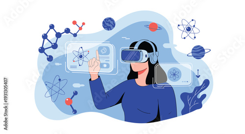 Science and education in the metaverse with a student wearing a virtual reality headset to explore chemistry and physics.