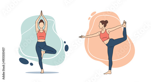 Two young women practicing healthy lifestyle habits through different yoga poses including tree and standing bow poses.