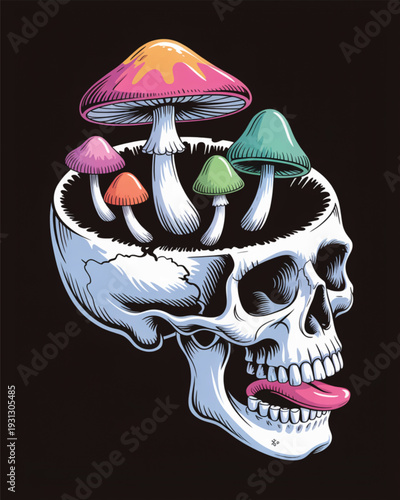 Surreal skull with colorful mushrooms growing inside, psychedelic horror illustration dark fantasy art isolated on black background vintage tattoo style