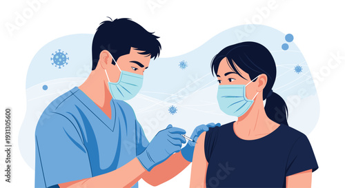 Healthcare professional in a face mask and gloves administering a vaccine injection to a young woman for virus protection.