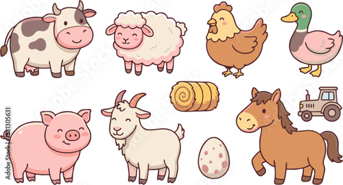 Cute Farm Animals and Tractor Illustration, Featuring a Cow, Sheep, Chicken, Duck, Pig, Goat, Egg, and Horse, Perfect for Children's Content and Farming Themes