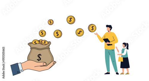 Successful hand holding a bag of money with gold coins flying towards a man and a child for financial support concept.