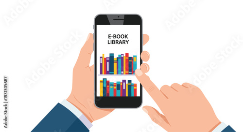 Person holding a smartphone displaying an e-book library with colorful book covers for digital reading and learning.