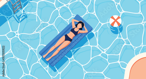 Young woman relaxes while floating on a blue inflatable mattress in a clear blue swimming pool during a summer vacation holiday.