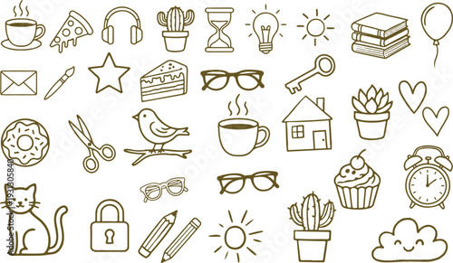 Cute hand drawn doodles element with house, sun, cloud childish background. Cartoon outline style flower, clock, coffee, balloon, heart, cat, pencil, bird icon elements. Vector illustration