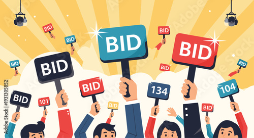 Crowd of people holding various colorful bidding signs with the word bid and numbers at a live public auction event competition.