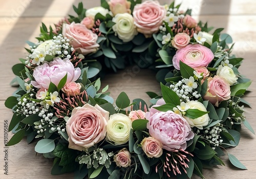 A beautiful floral wreath featuring pink and white roses, peonies, and ranunculus, accented with lush green eucalyptus and delicate baby's breath.