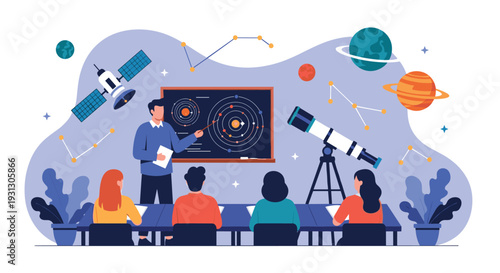 Male teacher using a pointer to explain astronomy and space science on a chalkboard to children sitting at desks in a classroom.