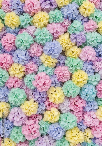 A vibrant and soft pastel background filled with numerous small, spherical decorative flowers in shades of pink, blue, green, yellow, and purple, creating a cheerful texture.