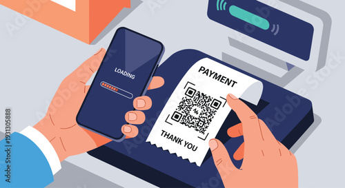 Hand holding a smartphone to make a digital payment by scanning a QR code on a receipt at a checkout terminal in a retail store.