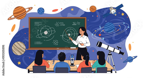 Science teacher explains the solar system and planetary orbits on a chalkboard to students in an educational astronomy classroom.