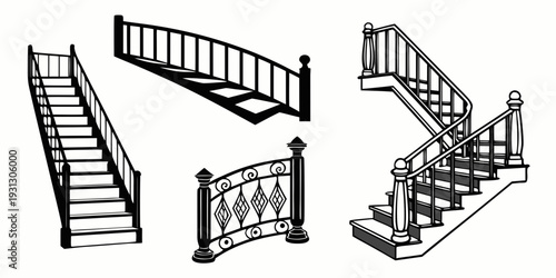 A collection of various types of stairs and staircases in different designs and materials