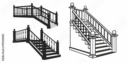 Three different types of staircases with railings and varying designs