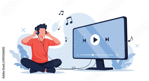 Young man sitting cross legged on the floor while wearing headphones and listening to music from a large monitor with a play icon.