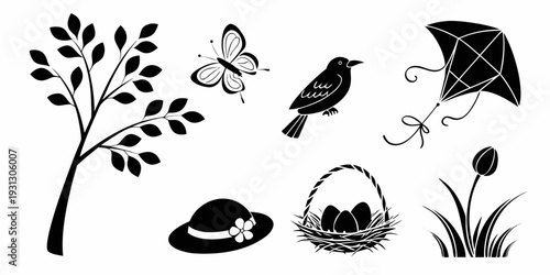 A collection of various black and white illustrations including a tree, bird, butterfly, hat, and umbrella