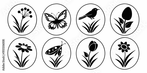 A delightful collection of flowers and butterflies in circular frames