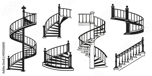 A variety of spiral staircases showcasing different designs and architectural styles